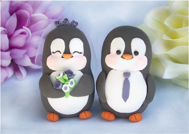 Penguins cake toppers wedding purple white