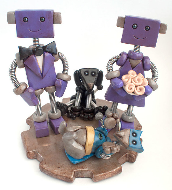 Robot Wedding Cake Topper Lightly Rustic Purple with dog and batcat