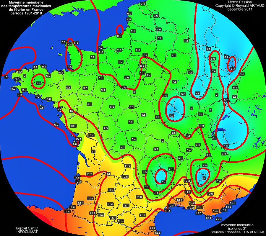 Moyennes mensuelles des températures maximales pour le mois de février en France sur la période 1981-2010