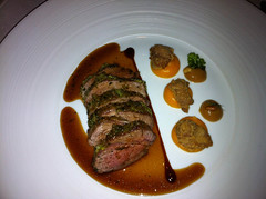 Best end of Devon lamb with sweetbreads, roasted butternut squash and pine nuts