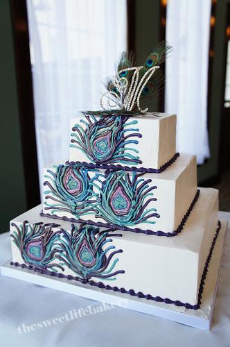 Peacock Feather Wedding Cake Blue teal and purple hand piped peacock 