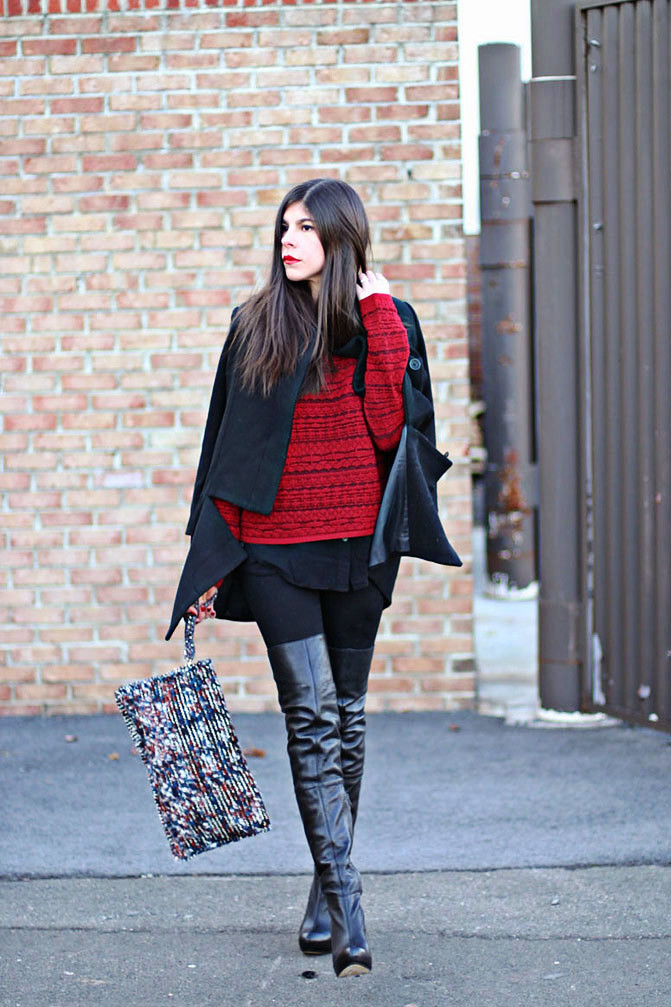 Zara clutch, Topshop over the knee boots, Zipper coat, Fashion outfit