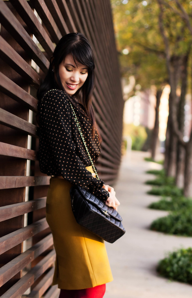 papaya polka-dot shirt, j. crew double serge wool skirt bronzed ochre, ann taylor gold skinny belt, we love colors maroon tights, bakers wild pair karen tan suede pumps, chanel quilted classic m/l flap purse