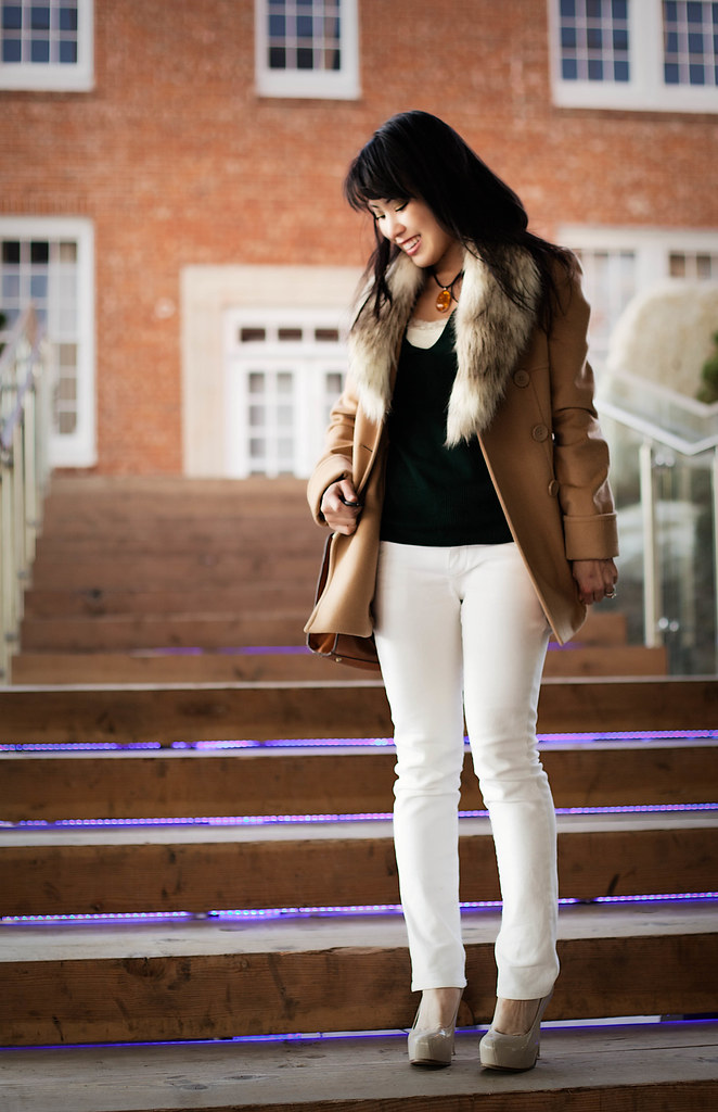 victorias secret double breasted camel wool coat, loft faux fur collar, amber necklace banana republic forest green v-neck sweater, delias morgan white skinny jeans, sole society marco santi dash nude pumps, melie bianco madison purse