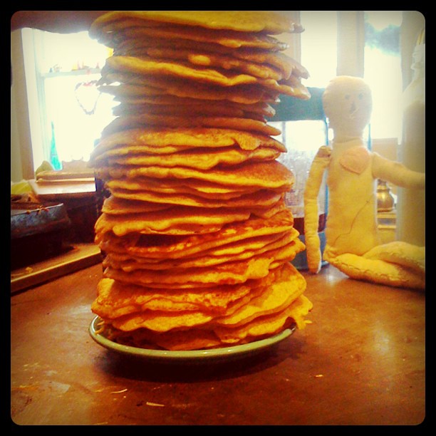 7 yr old Aiden's giant stack of pumpkin pancakes