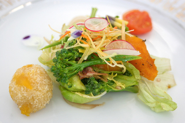 Spring Salad with Kagoshima Vegetables - sweet potato and cheese croquette, snow peas, fava beans, fried leeks and grilled pumpkin