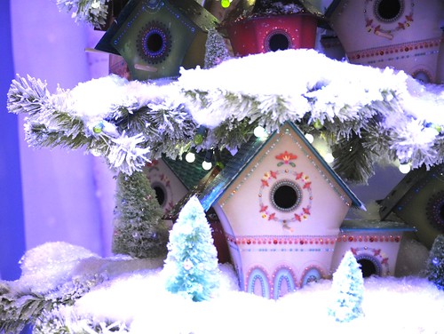 Christmas bird houses in the snow and tree, lights, Seattle, Washington, USA by Wonderlane