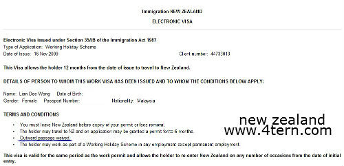 纽西兰打工度假-显示回程机票证据"
