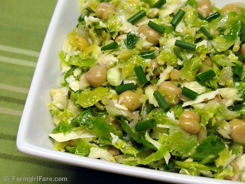 Raw Brussels Sprouts Salad with Pecorino Romano, Chives, and a Lemony Caper Dressing 2 - FarmgirlFare.com