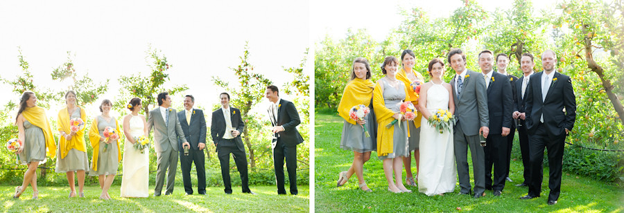 Happy wedding party standing in orchard at Mt. Hood Organic Farms.