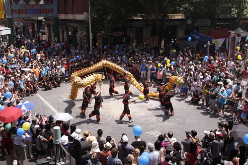 Dragon dance at the Melbourne Lion dance outside a Melbourne restaurant for Chinese New Year Festival