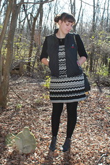 Black and white Missoni for Target chevron dress, wool tights, studded boots, quilted University of Cincinnati vest