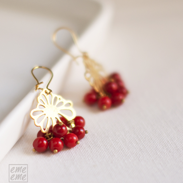 Earrings Peony Brass filligree and red glass beads