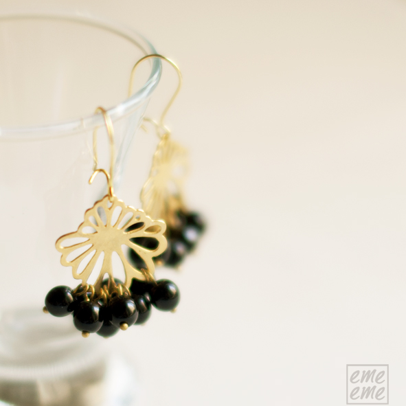 Earrings Peony Brass filligree and black glass beads