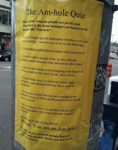 amhole, protest flyer against Amazon workers, Seattle