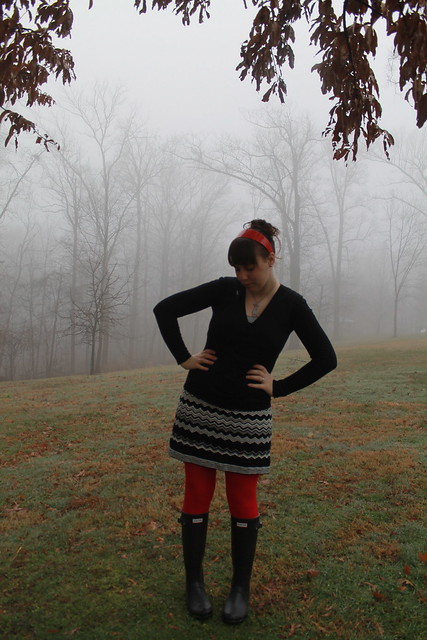 Fog outfit: Missoni for Target black and white chevron dress, red tights, Hunter wellies
