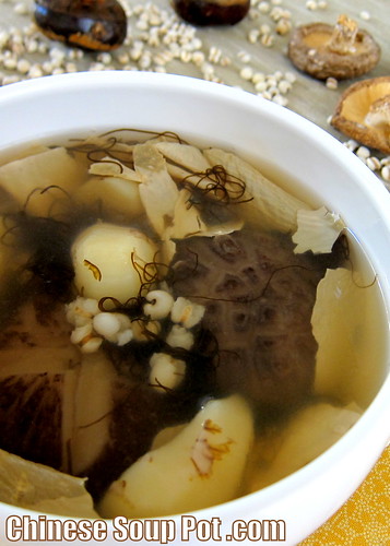 [Tofu Skin Water Chestnut Soup with Shiitake Mushroom and Black Moss (Fat Choy)]