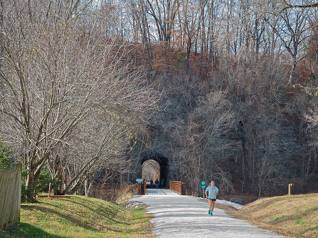 Katy Trail tunnel, at Rocheport, Missouri, USA - view of hillside from east