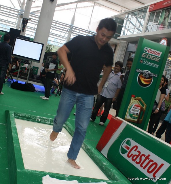 One of the winners trying out the Non Newtonian Pool