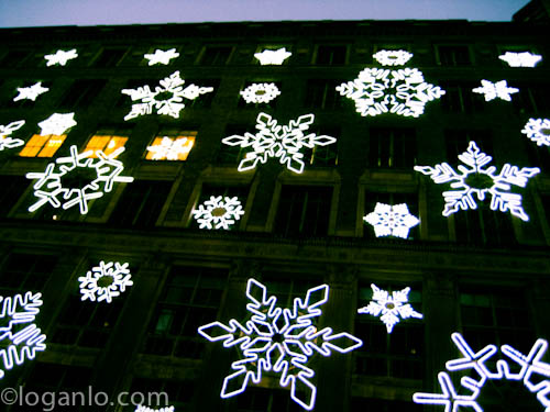 LED snowflakes on a building in NYC