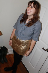 New Year's Eve outfit: gold sequin skirt, chambray shirt, wool tights, leopard brocade coat