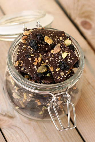 Dark Chocolate Bark with Pistachios, Dried Bing Cherries and Grey Sea Salt (gluten-free and vegan)
