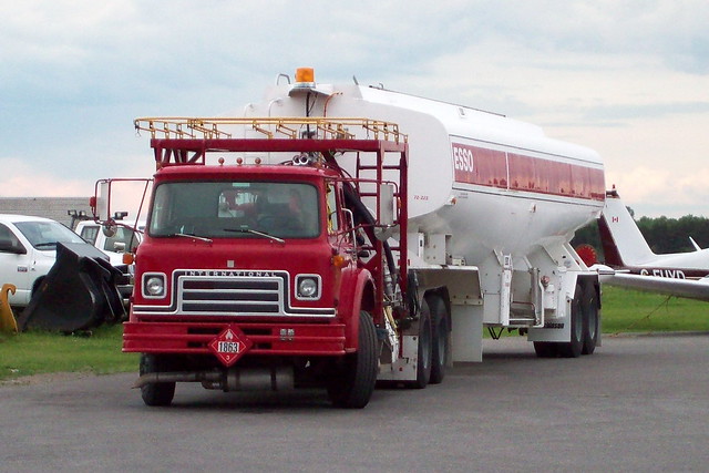 This International Cargostar truck is pulling a tanker full of aviation fuel