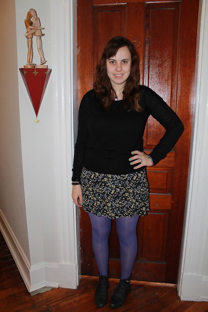 Purple outfit: purple tights, studded ankle boots, '90s mini skirt, cashmere sweater, grape necklace