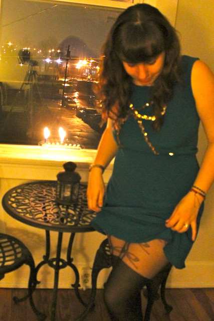 Hanukkah outfit: Gold bow dress by Red Velvet, Asos bow mock thigh-highs, vintage coat and clutch, Modcloth quilted flats