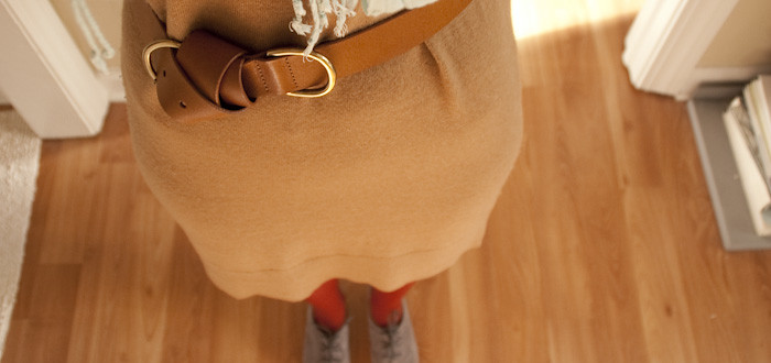 january outfit, ootd, dash dot dotty, j.crew, sweater dress, tan rust turquoise, suede oxfords, creative young professional, workfits