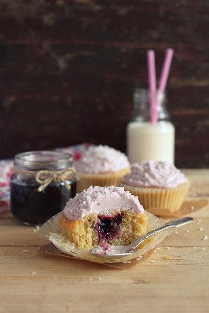 Black currant cupcakes with coconut frosting