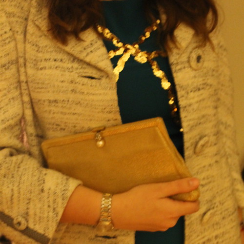 Hanukkah outfit: Gold bow dress by Red Velvet, Asos bow mock thigh-highs, vintage coat and clutch, Modcloth quilted flats