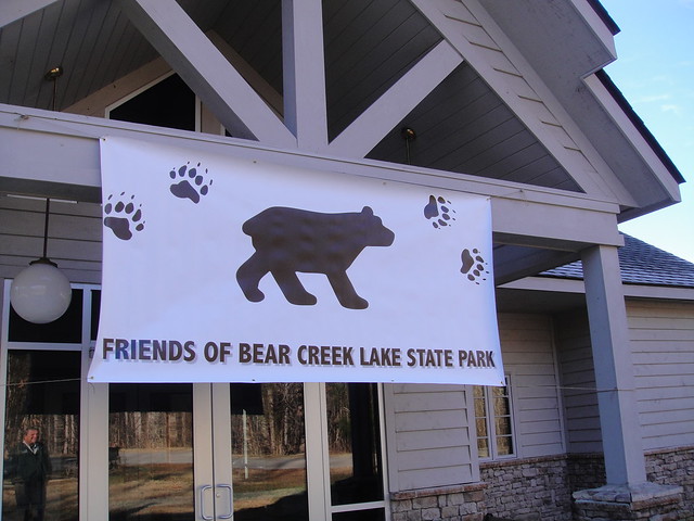 The Friends banner welcomes First Day Hikers for refreshments at Bear Creek Lake State Park