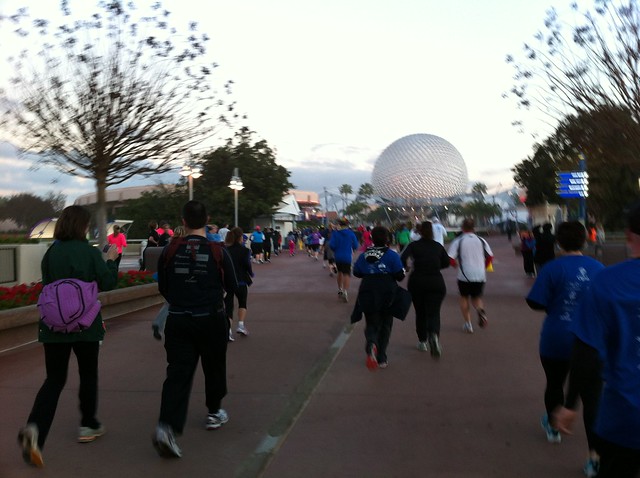 2012 Disney Family Fiesta 5k #runDisney running toward Spaceship Earth at Epcot.