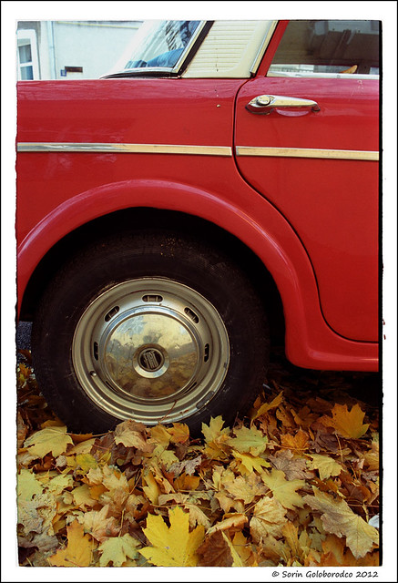 A car with a sportive soul but without excesses. Old Fiat 1. An old Fiat covered in autumn leaves taken with Nikon EM, .