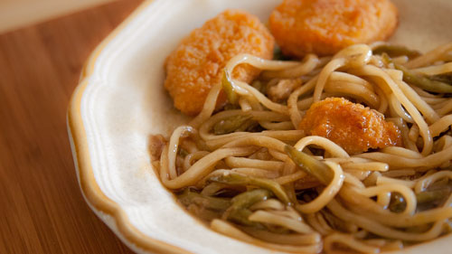 Pasta Noodles (spagetti) french cut Greenbeans and Chicken Nuggets with panda sweet orange sauce by Southernpixel Alby