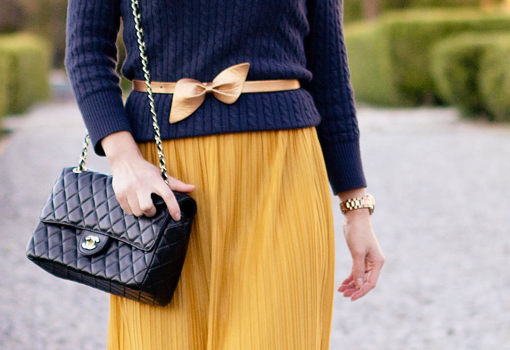 gap navy cable sweater, forever 21 lace mustard pleats skirt dress, michael kors rose gold small runway watch mk5430, chanel black quilted m/l flap purse, sole society marco santi dash nude pumps, forever 21 flower earrings