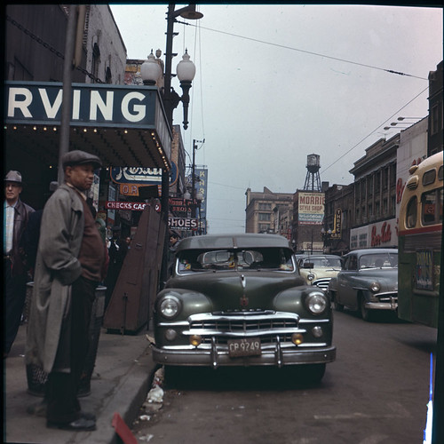 Halsted Street in Chicago looking north with the Irving Theater on the left (west) side of the street. 1956