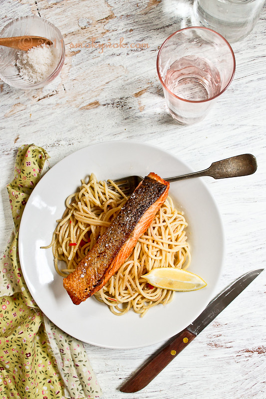 Crispy Skinned Salmon with Spaghetti
