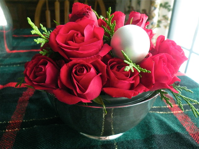 Recreating Floral Arrangements tiny rose and silver bowl Christmas arrangement