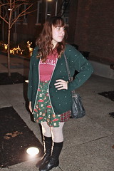Christmas outfit: DIY skirt made from thrifted men's shirt sleeves, spotty tights, quilted boots, Harvard shirt, vintage girl scout cardigan