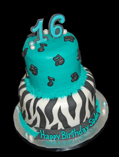 black and turquoise zebra cake with music notes for 16th birthday