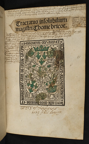 Annotated title-page of Bricot, Thomas: Insolubilia; Obligationes