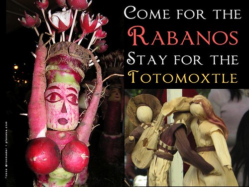 Here's my promotion of Christmas in Oaxaca with a slogan that sums up what I've learned in 10 years: Come for the Rabanos, Stay for the Totomoxtle