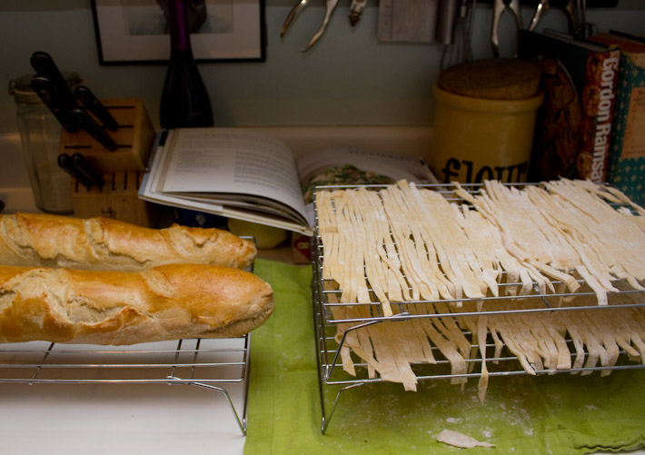 Freshly baked french bread and Fresh Pasta Noodles.