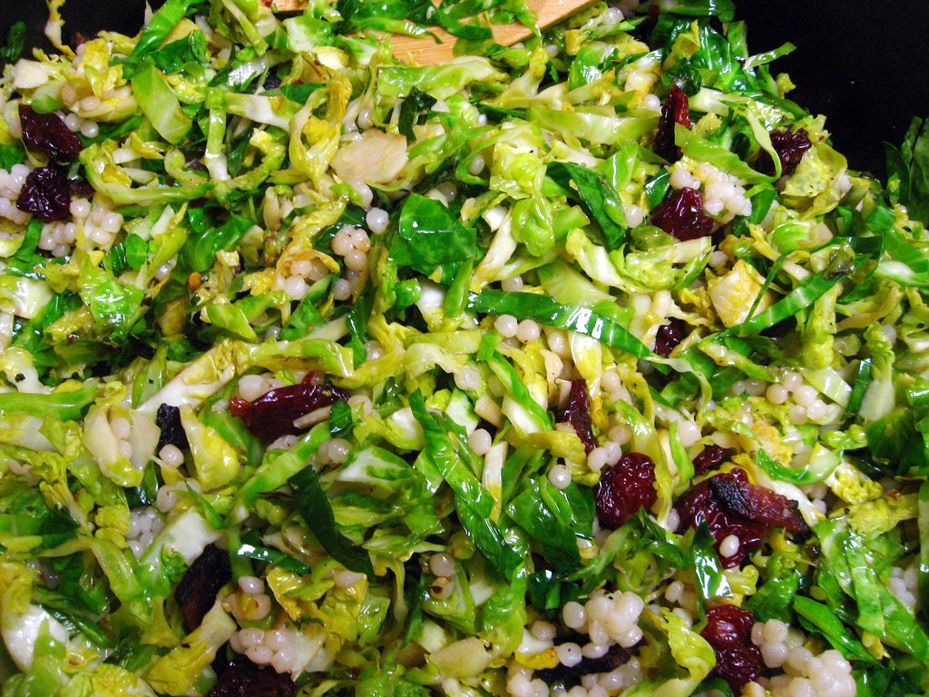 brussels sprouts with cherries, bacon, and couscous