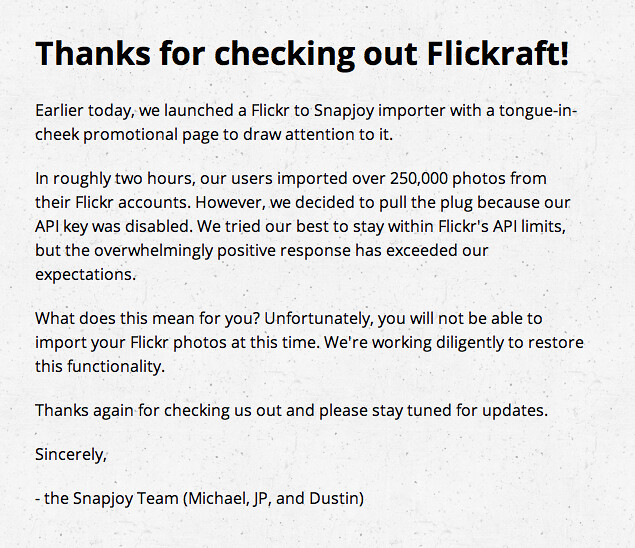 Flickr Disables Snapjoy's Flickraft API Key