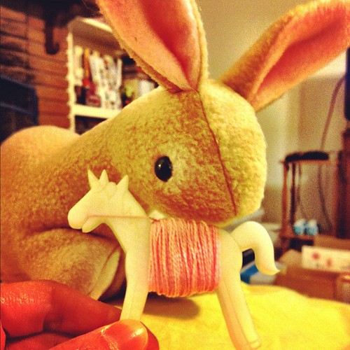 Sewing a bunny with the help of my Flossy the Unicorn Embroidery Floss Bobbin.