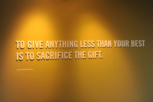 Detail: "To give anything less than your best is to sacrifice the gift." Steve Prefontaine, Nike, reception, Beaverton, Oregon, USA by Wonderlane