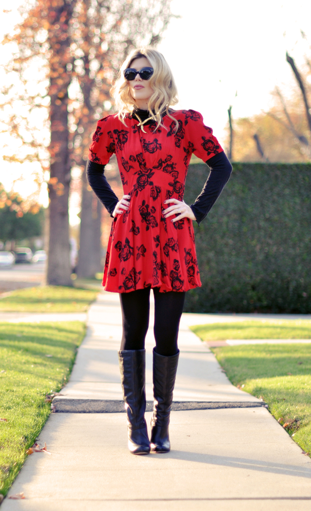 red rose  print dress - black tights  and boots-snake necklace